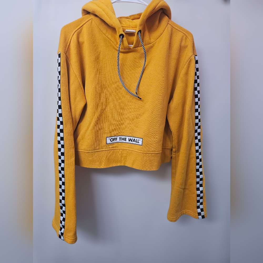 Vans Yellow Cropped Hoodie with Checkered Sleeves